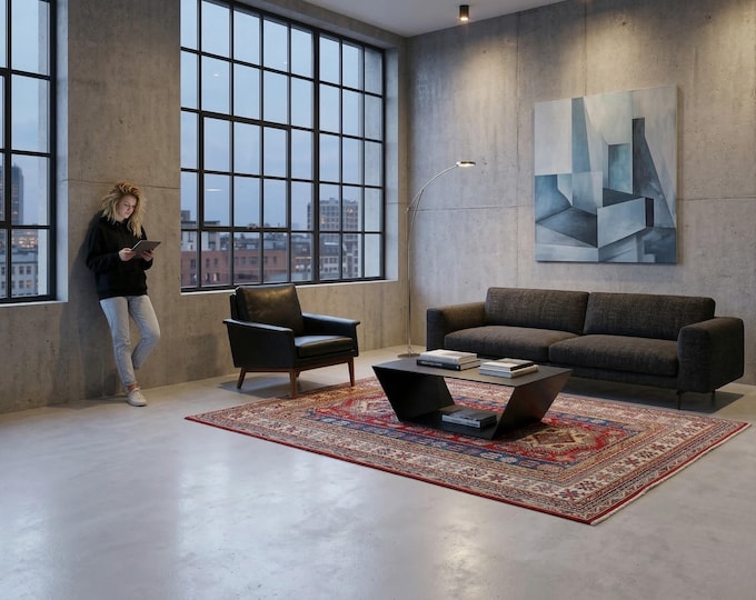 5 X 6 ft Red and Beige Geomatrical Handmade , Super Kazak Cotton and Wool