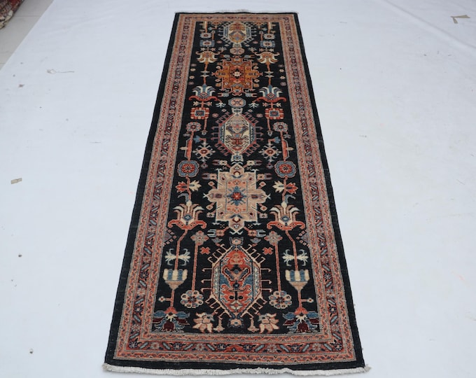 2..8 X 7.8 ft Black and Copper Floral Handmade Runner ,Heriz Cotton and Wool
