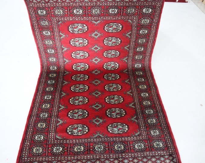 3x5 Ft Hand-Knotted Wool Mori Bokhara Rug, Red Geometric Tribal Rug