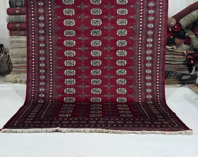 6 X 9 ft Red Geometrical Handmade, Mori Bokhara Cotton and Wool