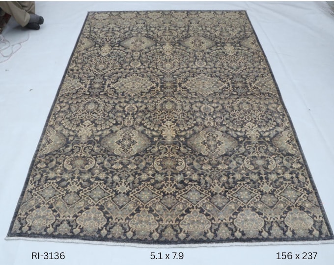 Hand-knotted Chobi Cotton and Wool Rug, Floral in Beige base and Black border, 5.1 X 7.9 ft