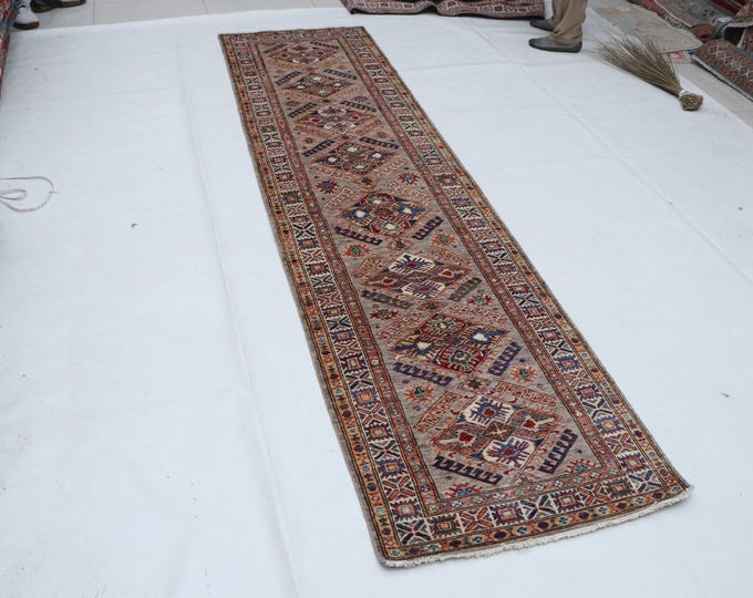 Hand-knotted Super Kazak Cotton and Wool Rug, Geomatrical in Brown base and Brown border, 2.6 X 9.8 ft
