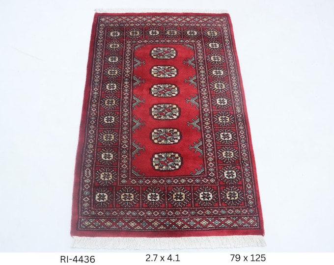 Hand-knotted Mori Bokhara Cotton and Wool Rug, Geomatrical in Red base and Red border, 2.7 x 4.1 ft