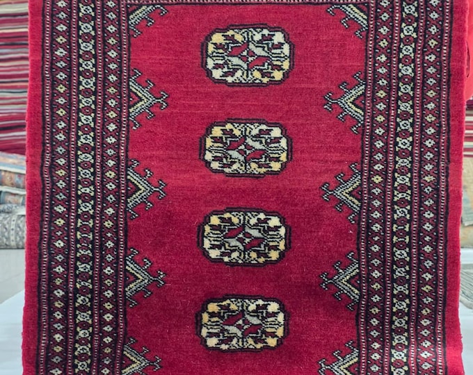 2 X 3 ft Red Geometrical Handmade, Mori Bokhara Cotton and Wool