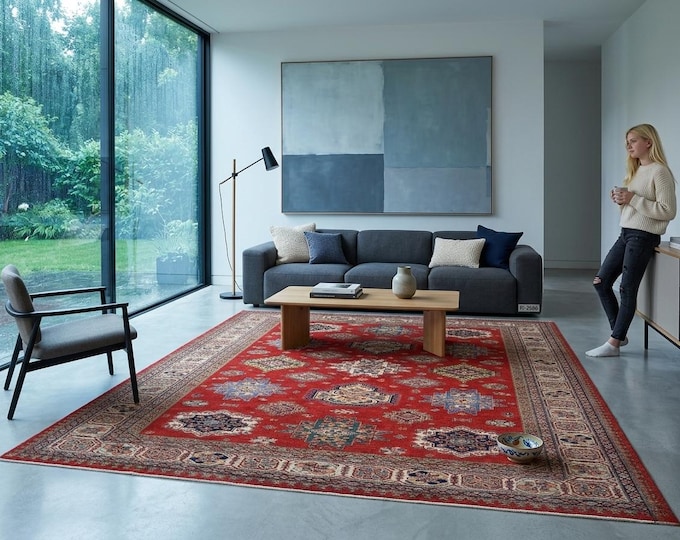 7.11 X 10.2 ft Red and Beige Geomatrical Handmade, Super Kazak Cotton and Wool