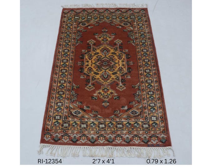 Hand-knotted Wool and Silk Touch Rug, Copper and Yellow Geometric, 2.7 x 4.1 ft