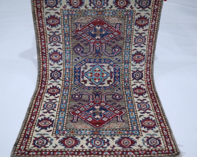 Gray Afghan Kazak Rug – 2x3 Hand Knotted Wool Area Rug