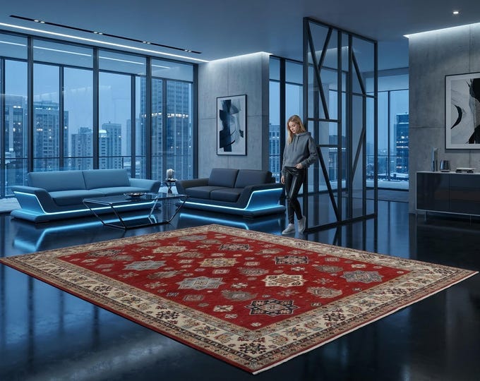 8.1 X 9.8 ft Red and Beige Geomatrical Handmade , Super Kazak Cotton and Wool