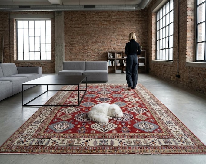 8 X 10 ft Red and Beige Geomatrical Handmade, Super Kazak Cotton and Wool