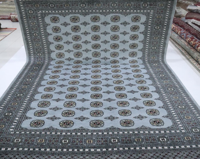 8x10 Hand-Knotted Wool Mori Bokhara Rug, Gray Geometric Tribal Rug