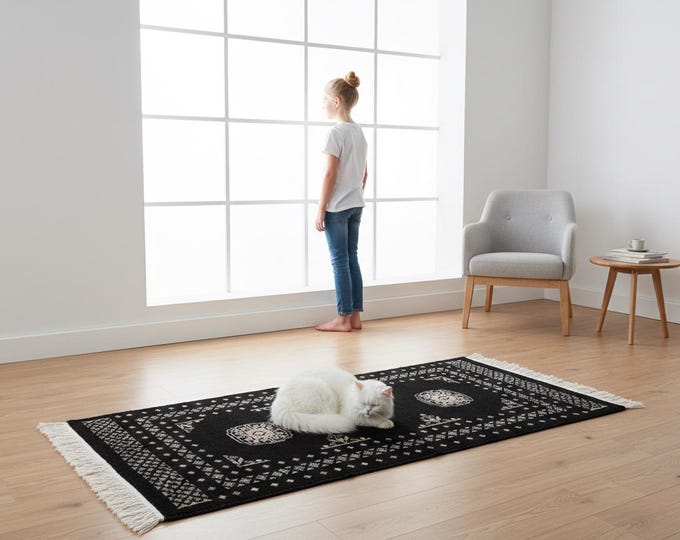 2.2 X 3.5 ft Black Geomatrical Handmade, Mori Bokhara Cotton and Wool