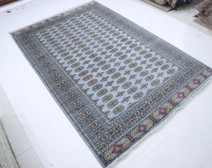 7 X 10 ft Handmade Geometrical Mori Bokhara Rug, Gray, Cotton and Wool