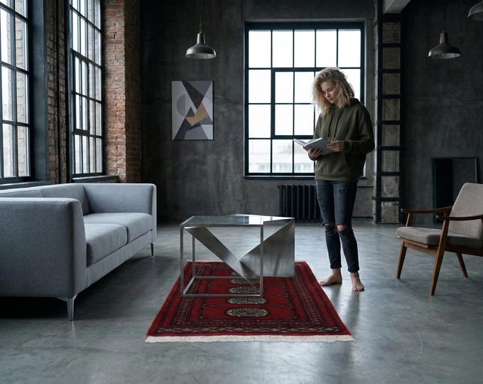 2.1 X 3.2 ft Red Geomatrical Handmade ,Mori Bokhara Cotton and Wool