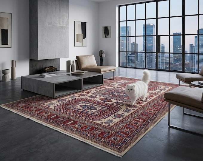 5.7 X 7.7 ft Red and Beige Floral Handmade ,Oshak Wool