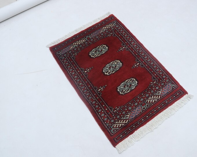 2.1 X 2.1 ft Red Geomatrical Handmade Runner, Mori Bokhara Cotton and Wool