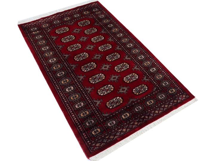3.0 X 4.9 ft Red Geomatrical Handmade Runner, Mori Bokhara Cotton and Wool