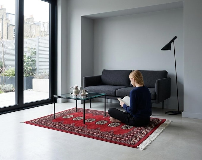 2.7X 3.11 ft Red Geomatrical Handmade Runner, Mori Bokhara Cotton and Wool