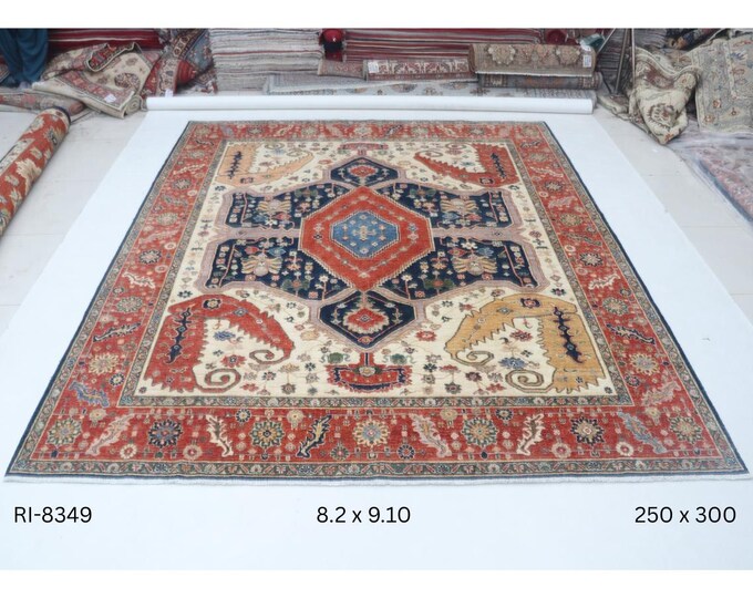 Hand-knotted Heriz Cotton and Wool Rug, Floral in Blue base and Red border, 8.2 x 9.10 ft