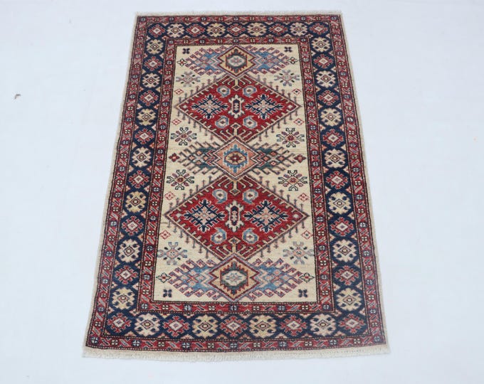 2.7 X 3.11 ft Beige and Blue Geomatrical Handmade , Super Kazak Cotton and Wool