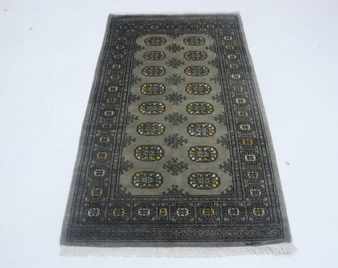 3.0 X 5.3 ft Gray Geomatrical Handmade Runner, Mori Bokhara Cotton and Wool