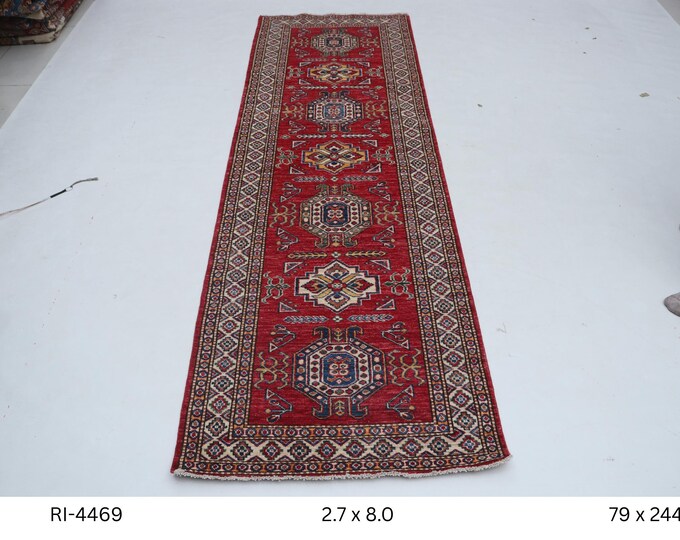 Hand-knotted Kazak Wool Rug, Geometric Red and Beige, 2.7 x 8.0 ft