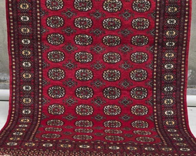 4 X 6 ft Red Geometrical Handmade , Mori Bokhara Cotton and Wool