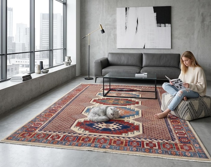 5.7 X 7.11 ft Beige and Red Geomatrical Handmade, Super Kazak Cotton and Wool