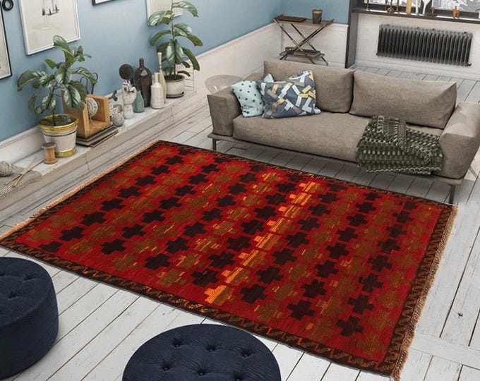 Hand-knotted Baluchi in Blue and Orange 2.95 x 4.59 ft