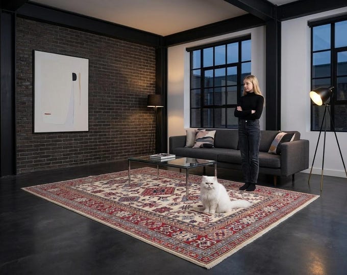 5 X 7 ft Beige and Red Geomatrical Handmade, Super Kazak Cotton and Wool