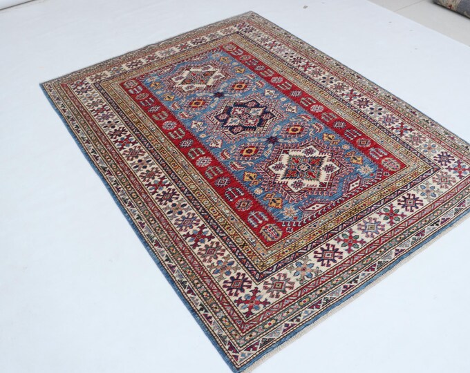 5 X 6 ft Blue and Beige Geomatrical Handmade , Super Kazak Cotton and Wool