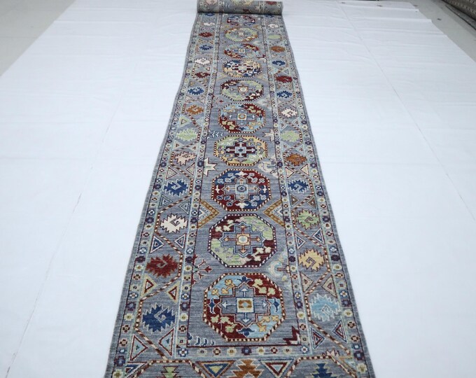 14 Ft Gray Afghan Runner Rug, Hand Knotted Wool, Ersari Geometric Design