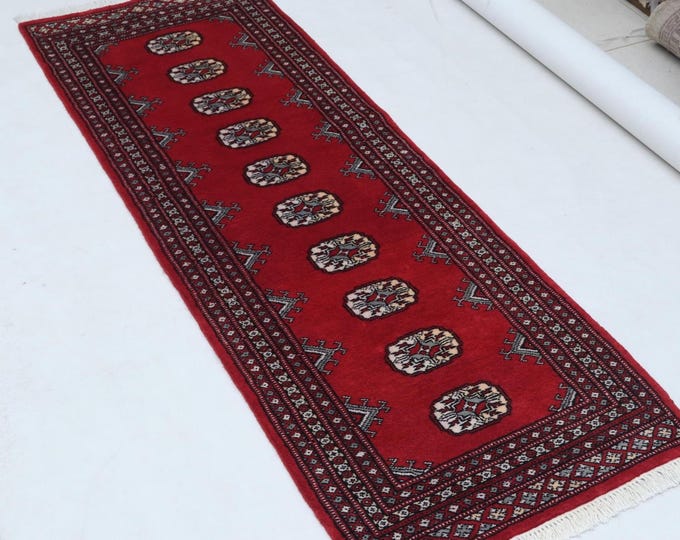 2.0 X 5.1 ft Red Geomatrical Handmade, Mori Bokhara Cotton and Wool