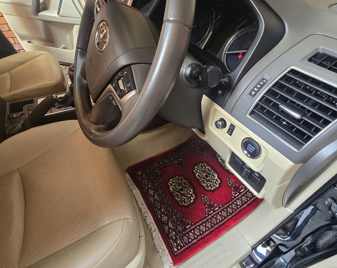 1.5 X 2 ft Geomatric Handmade Car Mats Pair, Red Wool Car Floor Rugs, Cotton and Wool