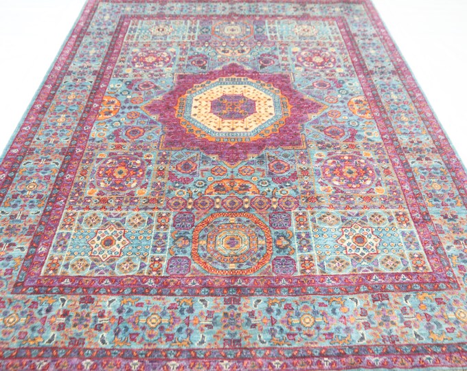 Handmade Wool Mamluk Rug – 5x7 Turquoise Blue Turkish Geometric Rug