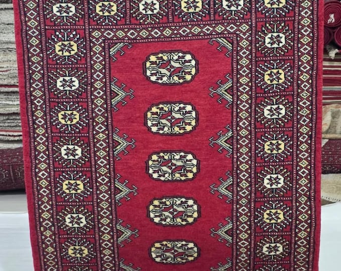 2.5 X 4 ft Red Geometrical Handmade, Mori Bokhara Rug Cotton and Wool