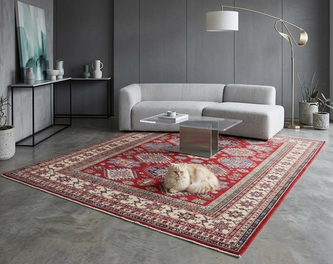 5.6 X 7.10 ft Beige and Red Geomatrical Handmade, Super Kazak Cotton and Wool