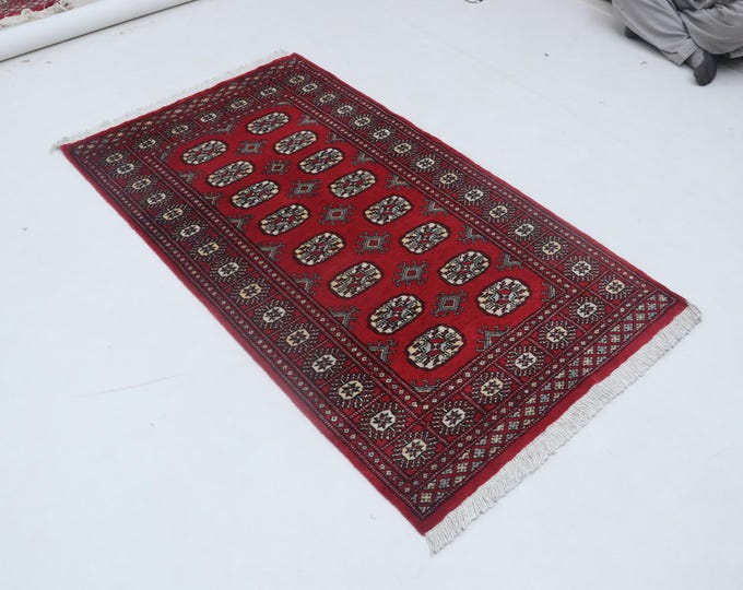3 X 5 ft Geometrical Mori Bokhara Rug, Red, Handmade Cotton and Wool