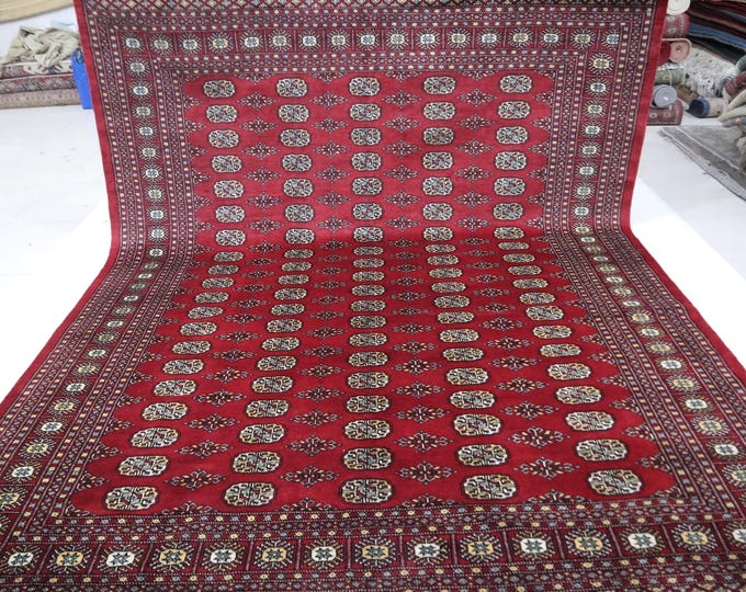 8x10 Hand Knotted Wool Area Rug – Red Mori Bokhara, Tribal Geometric Design