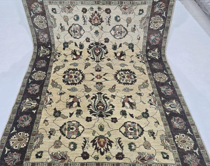 5 X 8 ft Handmade Floral Chobi Rug, Beige and Brown, Cotton and Wool  ]