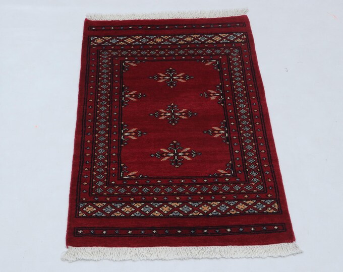 2.1 X 3.1 ft Red Geomatrical Handmade ,Mori Bokhara Cotton and Wool