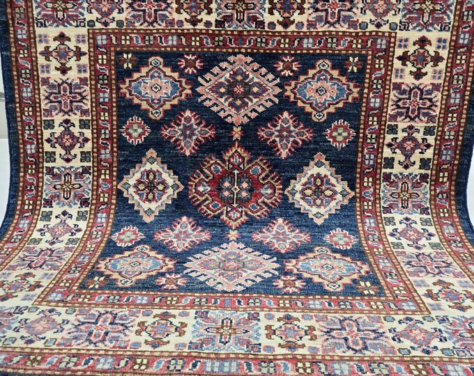 3 X 3 ft Handmade Floral Super Kazak Rug, Blue and Beige , Cotton and Wool