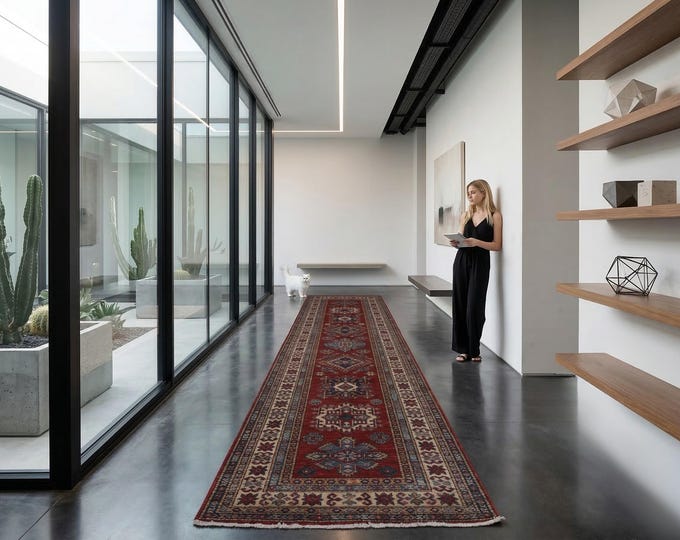 3 X 8 ft Red and Beige Geomatrical Handmade Runner, Super Kazak Cotton and Wool