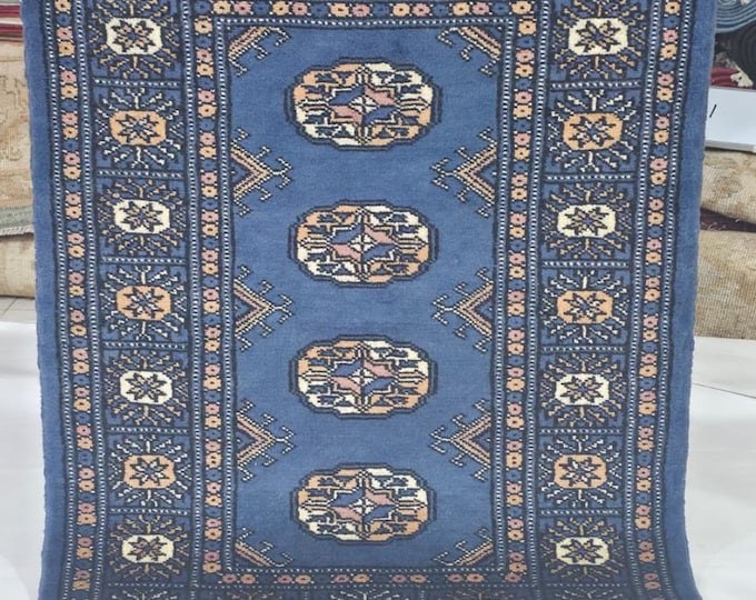 2 X 3 ft Blue Geometrical Handmade, Mori Bokhara Cotton and Wool