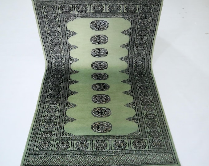 Hand Knotted Wool Mori Bokhara Rug, Soft Green, Tribal Geometric Rug (3x5 Ft)