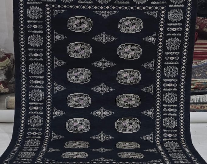 4 X 6 ft Block Geometrical Handmade , Mori Bokhara Cotton and Wool