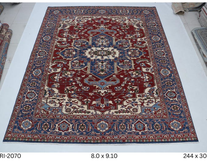 Hand-knotted Wool Kazak Rug, Red and Blue, 8.0 x 9.10 ft