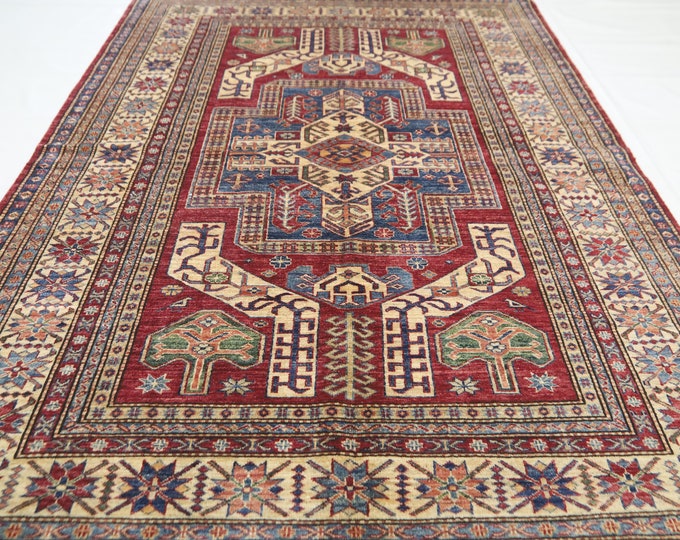 5x8 Afghan Kazak Rug – Hand-Knotted Wool, Traditional Red Design