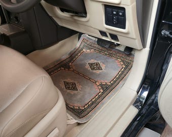 1.5 X 2 ft Geomatric Handmade Car Mats Pair, Gray Wool Car Floor Rugs, Cotton and Wool Car Mats