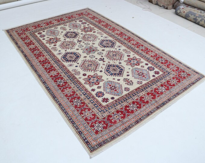 5.1 X 7.10 ft Beige and Red Geomatrical Handmade, Super Kazak Cotton and Wool
