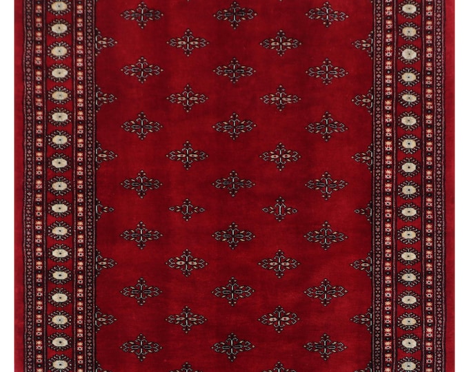 6 X 9 ft Red Geometrical Handmade , Mori Bokhara Cotton and Wool